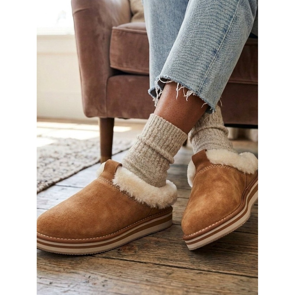 Sorel Nakiska Scuff Suede Faux Fur Slippers Camel Brown NL2126-286 Womens 9